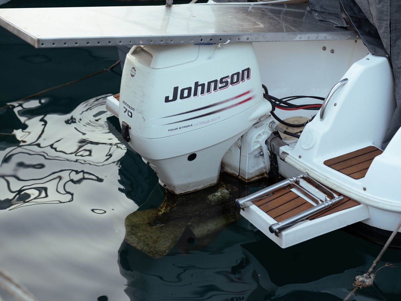 Close-up of a Johnson outboard boat motor